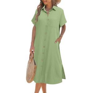 Zeagoo Women Dresses Summer Casual Short Sleeve Button Down Shirt Dresses 2026 Beach Cover Up with Pockets(Light Green)