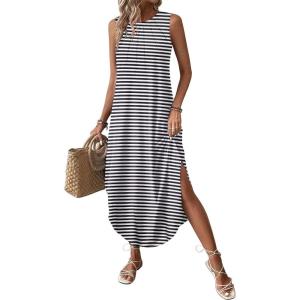 Zeagoo Women Floral Summer Casual Beach Printed Tank Dress with Pockets Pleated Front Long Dress(Black Striped)
