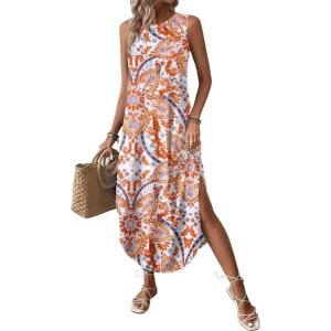 Zeagoo Women Floral Summer Casual Beach Printed Tank Dress with Pockets Pleated Front Long Dress(Boho Print)
