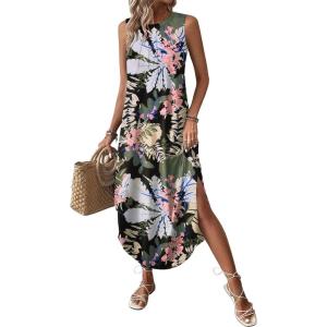 Zeagoo Women Floral Summer Casual Beach Printed Tank Dress with Pockets Pleated Front Long Dress(Floral Leaf Black)