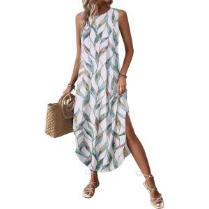 Zeagoo Women Floral Summer Casual Beach Printed Tank Dress with Pockets Pleated Front Long Dress(Leaf Print White)
