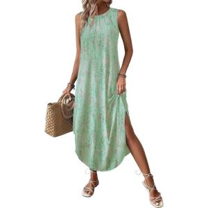 Zeagoo Women Floral Summer Casual Beach Printed Tank Dress with Pockets Pleated Front Long Dress(Mint Green Print)