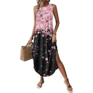 Zeagoo Women Floral Summer Casual Beach Printed Tank Dress with Pockets Pleated Front Long Dress(Pink+black Print)