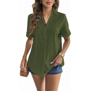 Zeagoo Women Linen Button Down Shirt Rolled Cuffed Short Sleeve Blouse Ladies Summer Casual V Neck Beach Cotton Tops(Army Green)