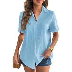 Zeagoo Women Linen Button Down Shirt Rolled Cuffed Short Sleeve Blouse Ladies Summer Casual V Neck Beach Cotton Tops(C-sea Blue)