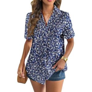 Zeagoo Women Linen Button Down Shirt Rolled Cuffed Short Sleeve Blouse Ladies Summer Casual V Neck Beach Cotton Tops(G-tropical Navy)