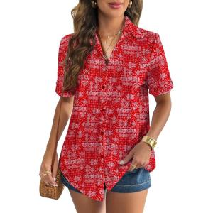 Zeagoo Women Linen Button Down Shirt Rolled Cuffed Short Sleeve Blouse Ladies Summer Casual V Neck Beach Cotton Tops(H-boho Floral Red)