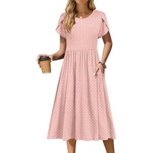 Zeagoo Women Summer Short Sleeve Midi Dress with Pockets Casual Aline Flowy Tshirt Dress Floral Vocation Beach Sundress(01-pink Round Dot)