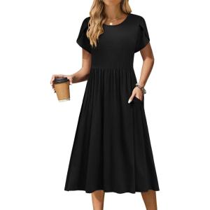 Zeagoo Women Summer Short Sleeve Midi Dress with Pockets Casual Aline Flowy Tshirt Dress Floral Vocation Beach Sundress(Black)