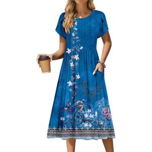 Zeagoo Women Summer Short Sleeve Midi Dress with Pockets Casual Aline Flowy Tshirt Dress Floral Vocation Beach Sundress(Blue Ethnic Boho Print)