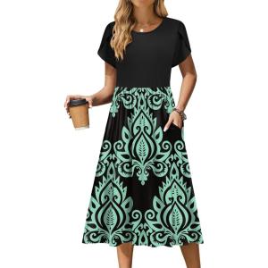 Zeagoo Women Summer Short Sleeve Midi Dress with Pockets Casual Aline Flowy Tshirt Dress Floral Vocation Beach Sundress(Blue Floral Black)