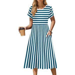 Zeagoo Women Summer Short Sleeve Midi Dress with Pockets Casual Aline Flowy Tshirt Dress Floral Vocation Beach Sundress(Blue White Stripe)
