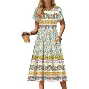 Zeagoo Women Summer Short Sleeve Midi Dress with Pockets Casual Aline Flowy Tshirt Dress Floral Vocation Beach Sundress(Blue Yellow Bohemian)