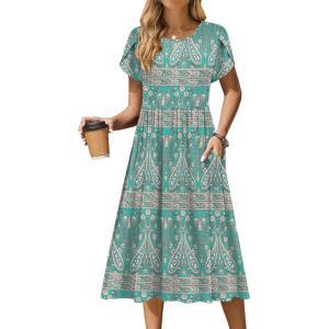 Zeagoo Women Summer Short Sleeve Midi Dress with Pockets Casual Aline Flowy Tshirt Dress Floral Vocation Beach Sundress(Boho Floral)