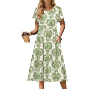 Zeagoo Women Summer Short Sleeve Midi Dress with Pockets Casual Aline Flowy Tshirt Dress Floral Vocation Beach Sundress(Ethnic Pattern-green)