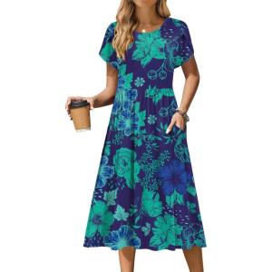 Zeagoo Women Summer Short Sleeve Midi Dress with Pockets Casual Aline Flowy Tshirt Dress Floral Vocation Beach Sundress(Green Floral Dark Blue)