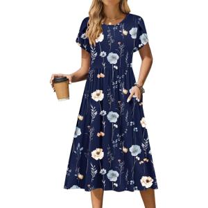 Zeagoo Women Summer Short Sleeve Midi Dress with Pockets Casual Aline Flowy Tshirt Dress Floral Vocation Beach Sundress(Navy Print)