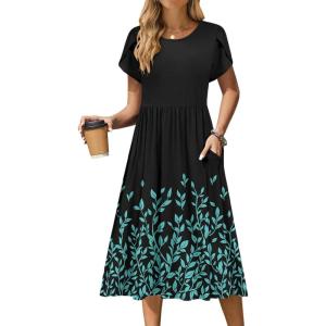 Zeagoo Women Summer Short Sleeve Midi Dress with Pockets Casual Aline Flowy Tshirt Dress Floral Vocation Beach Sundress(Pa355)