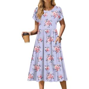 Zeagoo Women Summer Short Sleeve Midi Dress with Pockets Casual Aline Flowy Tshirt Dress Floral Vocation Beach Sundress(Purple Floral)