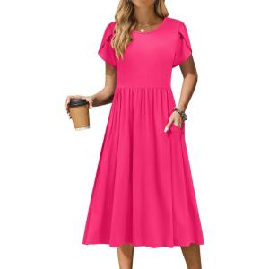 Zeagoo Women Summer Short Sleeve Midi Dress with Pockets Casual Aline Flowy Tshirt Dress Floral Vocation Beach Sundress(Rose Red)