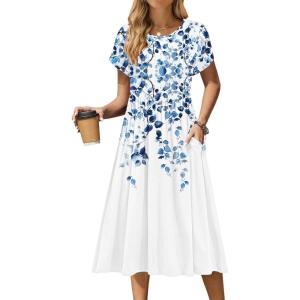 Zeagoo Women Summer Short Sleeve Midi Dress with Pockets Casual Aline Flowy Tshirt Dress Floral Vocation Beach Sundress(Wf41)
