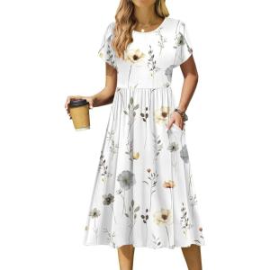 Zeagoo Women Summer Short Sleeve Midi Dress with Pockets Casual Aline Flowy Tshirt Dress Floral Vocation Beach Sundress(White Floral)