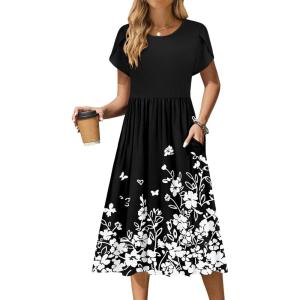 Zeagoo Women Summer Short Sleeve Midi Dress with Pockets Casual Aline Flowy Tshirt Dress Floral Vocation Beach Sundress(White Floral Black)