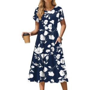 Zeagoo Women Summer Short Sleeve Midi Dress with Pockets Casual Aline Flowy Tshirt Dress Floral Vocation Beach Sundress(White Floral Blue)