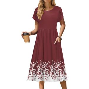 Zeagoo Women Summer Short Sleeve Midi Dress with Pockets Casual Aline Flowy Tshirt Dress Floral Vocation Beach Sundress(Wine Red Floral)