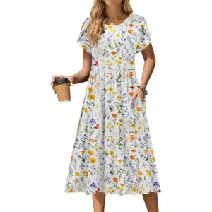Zeagoo Women Summer Short Sleeve Midi Dress with Pockets Casual Aline Flowy Tshirt Dress Floral Vocation Beach Sundress(Xh403)