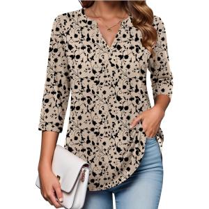 Zeagoo Womens 3/4 Length Sleeve Tops V Neck Tunic Casual Dressy Blouse Floral Printed Shirts(Apricot Black Floral)