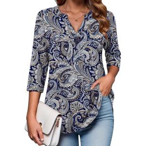 Zeagoo Womens 3/4 Length Sleeve Tops V Neck Tunic Casual Dressy Blouse Floral Printed Shirts(Blue Pattern)