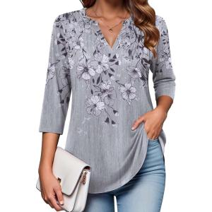 Zeagoo Womens 3/4 Length Sleeve Tops V Neck Tunic Casual Dressy Blouse Floral Printed Shirts(Gray Floral)