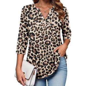 Zeagoo Womens 3/4 Length Sleeve Tops V Neck Tunic Casual Dressy Blouse Floral Printed Shirts(Leopard Brown)