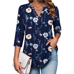 Zeagoo Womens 3/4 Length Sleeve Tops V Neck Tunic Casual Dressy Blouse Floral Printed Shirts(Navy Blue Floral)