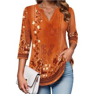 Zeagoo Womens 3/4 Length Sleeve Tops V Neck Tunic Casual Dressy Blouse Floral Printed Shirts(Orange Floral)
