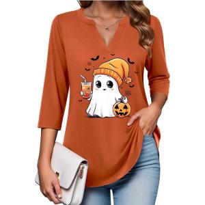 Zeagoo Womens 3/4 Length Sleeve Tops V Neck Tunic Casual Dressy Blouse Floral Printed Shirts(Orange Spooky)