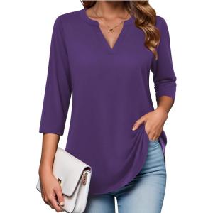 Zeagoo Womens 3/4 Length Sleeve Tops V Neck Tunic Casual Dressy Blouse Floral Printed Shirts(Purple)