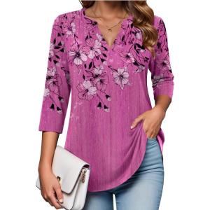 Zeagoo Womens 3/4 Length Sleeve Tops V Neck Tunic Casual Dressy Blouse Floral Printed Shirts(Purple Floral)