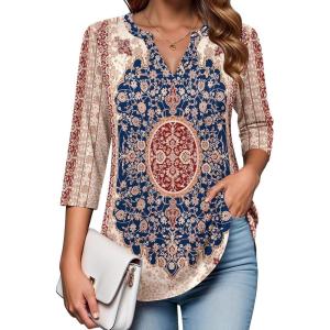 Zeagoo Womens 3/4 Length Sleeve Tops V Neck Tunic Casual Dressy Blouse Floral Printed Shirts(Red Pattern)