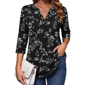 Zeagoo Womens 3/4 Length Sleeve Tops V Neck Tunic Casual Dressy Blouse Floral Printed Shirts(White Floral)