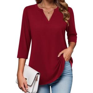 Zeagoo Womens 3/4 Length Sleeve Tops V Neck Tunic Casual Dressy Blouse Floral Printed Shirts(Wine Red)