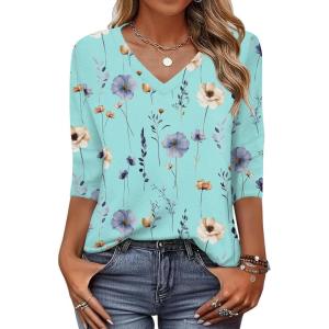 Zeagoo Womens Blouse Casual 3/4 Length Sleeve V Neck Basic T-Shirts Spring Summer Cute Tunic Tops Business Work Tees(Blue Flower-bf139)