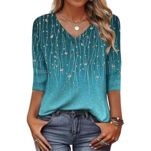 Zeagoo Womens Blouse Casual 3/4 Length Sleeve V Neck Basic T-Shirts Spring Summer Cute Tunic Tops Business Work Tees(Blue Leaves-xh363)