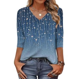 Zeagoo Womens Blouse Casual 3/4 Length Sleeve V Neck Basic T-Shirts Spring Summer Cute Tunic Tops Business Work Tees(Blue Leaves-xh483)