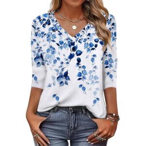 Zeagoo Womens Blouse Casual 3/4 Length Sleeve V Neck Basic T-Shirts Spring Summer Cute Tunic Tops Business Work Tees(Blue Leave-wf41)