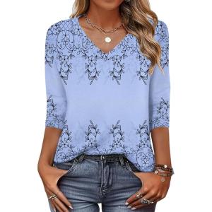 Zeagoo Womens Blouse Casual 3/4 Length Sleeve V Neck Basic T-Shirts Spring Summer Cute Tunic Tops Business Work Tees(Blue Printed-sf166)