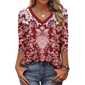 Zeagoo Womens Blouse Casual 3/4 Length Sleeve V Neck Basic T-Shirts Spring Summer Cute Tunic Tops Business Work Tees(Bohemia Red -Mz849)