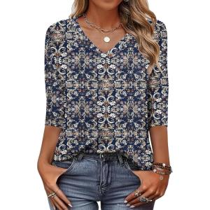 Zeagoo Womens Blouse Casual 3/4 Length Sleeve V Neck Basic T-Shirts Spring Summer Cute Tunic Tops Business Work Tees(Bohemia-mz869)