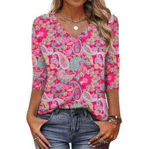 Zeagoo Womens Blouse Casual 3/4 Length Sleeve V Neck Basic T-Shirts Spring Summer Cute Tunic Tops Business Work Tees(Boho Pink-mz750)